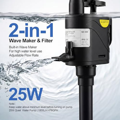 3-Tier Wet-Dry Trickle Aquarium Filter, Smoke Clear Filter Box, 476 GPH 3-in-1 Water Pump, Ultra Quiet, Adjustable Bracket, Easy Maintenance, For 20-80 Gallon Freshwater Saltwater Turtle Tanks