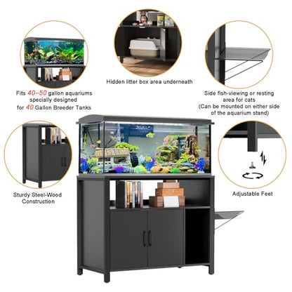 GDLF 40 Gallon Breeder Tank Stand，40–50 Gallon Fish Tank Stand with Hidden Cat Litter Box Cabinet and Cat Perch,36.6"x18.9"Tabletop, 660 LBS Capacity - size: 40-50 gallon