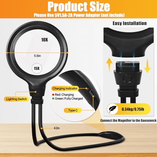 Hands Free Magnifying Glass with Light, Neck Magnifier for Seniors Reading | 6 Light Modes • 5.6"Acrylic Lens • 1200mAh Rechargeable • Flexible Gooseneck • Adjustable Brightness - size: 5.6”