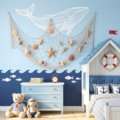 8 Pcs Fish Net Decorations for Party, 78.8" x 39.4" Large Cotton & Linen Fishnet, Nautical Hawaiian Beach Themed Fishing Net for Mermaid Pirate Under The Sea Birthday Decor, Wall Hanging Photo Display