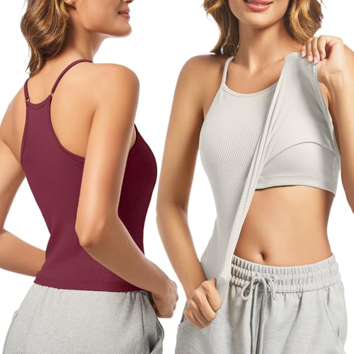 OVESPORT 2Pack Workout Tank Tops for Women with Built in Bras Seamless Adjustable Spaghetti Strap Sports Bra Yoga Casual Tops - color: Red+white, size: Small