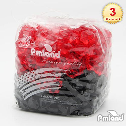 Clear Fake Ice Rocks – 550 Pcs Large Acrylic Gems Crushed Plastic Diamonds, Black & Red (3Lbs/2.25 Quarts) – Bulk Vase Filler for Centerpieces Theme Décor Aquarium Table Scatter