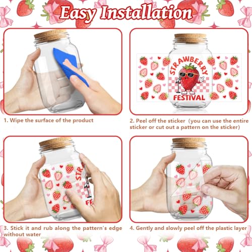 UV DTF Cup Wraps Transfer Stickers Strawberries with Cakes and Bows Pattern, 10 Sheets Waterproof Custom Vinyl Transfer Sticker 16oz Coffee Glass Cup Tumbler Bottle Mug Decals for Men Women - style: Strawberries with Cakes and Bows