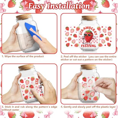 UV DTF Cup Wraps Transfer Stickers Strawberries with Cakes and Bows Pattern, 10 Sheets Waterproof Custom Vinyl Transfer Sticker 16oz Coffee Glass Cup Tumbler Bottle Mug Decals for Men Women - style: Strawberries with Cakes and Bows