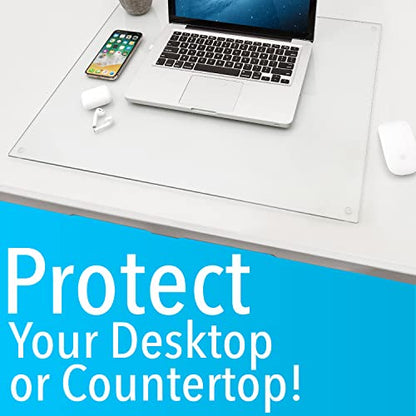 IMPRESA Clear Tempered Glass Desk Mat - 19 x 24 in, Clear - Table Protector & Desktop Mat for Office Accessories with Dry-Erase Surface & Preinstalled Rubber Feet