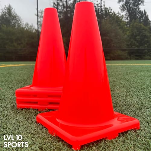 LVL10 Pro Training Cones - 12" Large Soccer Cones for Sports Training - for Basketball, Football, Basketball and Agility Drills - Soccer Field Markers that Won't Crack, Slide or Fly - style: 10 cones