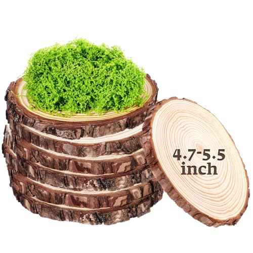 Nuanchu 7 Pack Wood Table Centerpieces with Rustic Wood Slices and Artificial Fake Green Moss for Wooden Fairy Wedding Woodland Table Decor Ideal DIY Crafts (4. 7-5. 5'')