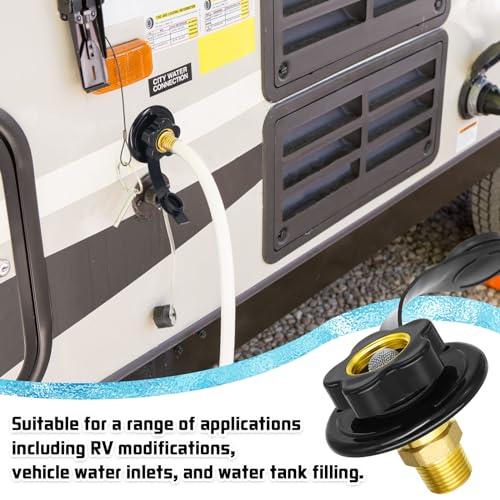 RV Fresh Water Inlet, RV Water Fill Inlet with Check Valve, 3/4 NH Female to 1/2 NPT Male RV Water Hose Connector, RV Water Inlet Replacement with Dust Plug for RV Camper Motorhome Marine - color: Black