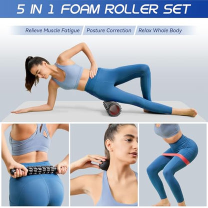 Krightlink 5-in-1 18" Foam Roller Set for Deep Muscle Massage Release | Foam Roller Back Roller for Fitness Relieves Muscle Pain Myofascial Trigger Point Release Pilates, Yoga (18" Black) - color: Black-18"(5 in 1)