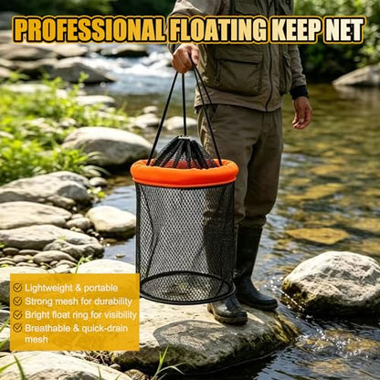 Floating Fish Basket, 5/10 Gallons Collapsible Fishing Net, Coated Nylon Net Storage Cage for Keeping Live Caught Fish 1 PCS
