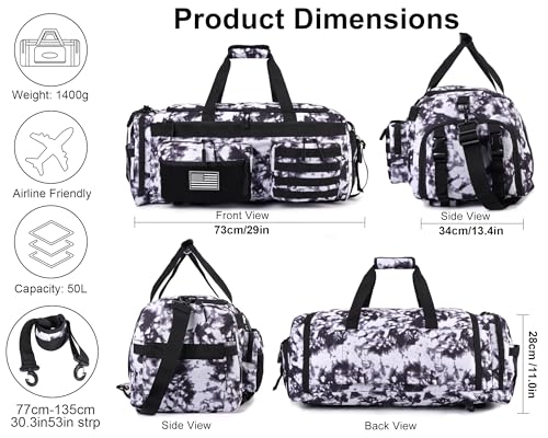 LHI 50L Tactical Duffle Bag for Men, 3-in-1 Gym Duffle and Backpack, Shoe Compartment, Laptop Sleeve and MOLLE, Carry-On Travel Weekender and Overnight Bag – Black and White - color: Black and White
