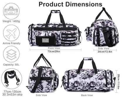 LHI 50L Tactical Duffle Bag for Men, 3-in-1 Gym Duffle and Backpack, Shoe Compartment, Laptop Sleeve and MOLLE, Carry-On Travel Weekender and Overnight Bag – Black and White - color: Black and White