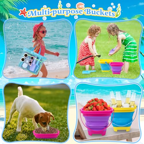 Collapsible Beach Buckets for Kids, 2 Packs Foldable Sand Buckets and Shovels with Mesh Beach Bag, Silicone Sand Pails for Toddlers Beach Toys, Easter Egg Hunt, Camping, Travelling, Fishing Water Pail