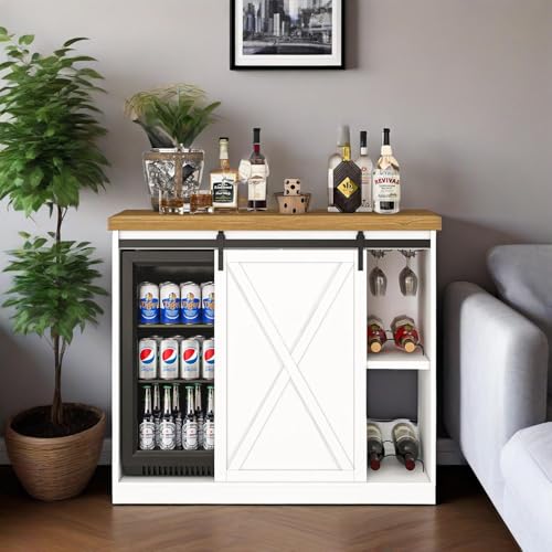 Coffee Bar Cabinet with Fridge Space, Wine Cabinet with Rack, Power Outlet for Dining Room Living Room, White