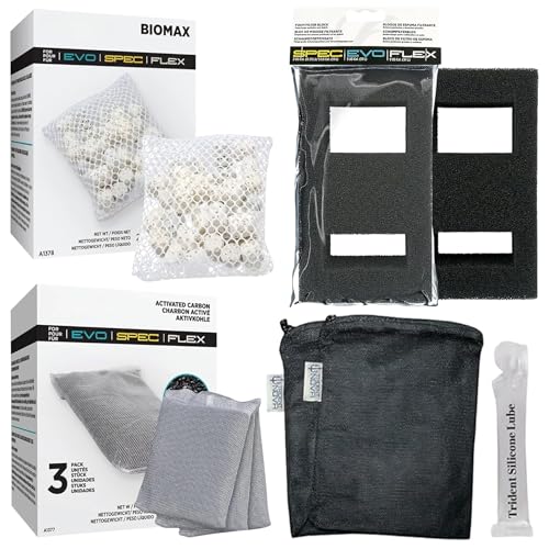 SPEC (3 Gal,5 Gal) | EVO(5 Gal) | Flex (9 Gal) Maintenance & Replacement Filter Media Kit, Including Trident Mesh Bags(SPEC EVO Flex Activated Carbon 3-Packs, BioMax, Foam Filter Block)