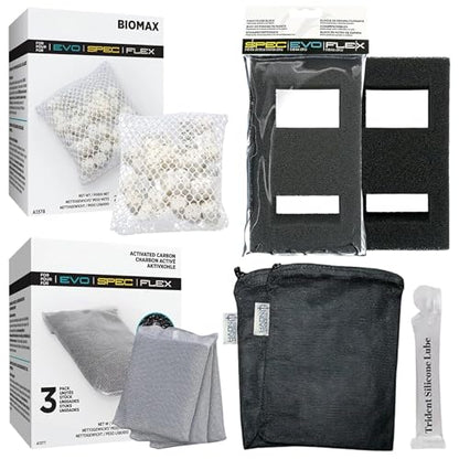 SPEC (3 Gal,5 Gal) | EVO(5 Gal) | Flex (9 Gal) Maintenance & Replacement Filter Media Kit, Including Trident Mesh Bags(SPEC EVO Flex Activated Carbon 3-Packs, BioMax, Foam Filter Block)
