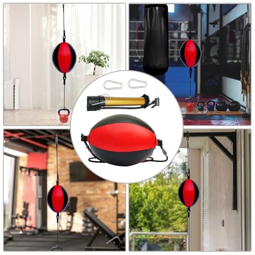 Double End Bag PU Leather Boxing Punching Bag | Includes Carabiners, Needle, Air Pump, Boxing Equipment Enhances Reaction, and Hand Eye Coordination Training - color: Red