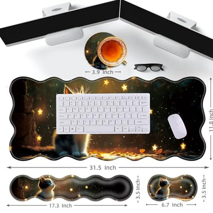 Large Gaming Mouse Pad, Keyboard Wrist Rest Pad & Wrist Support Mousepad Set, Stitched Edge, Extended, Non-Slip Base, Memory Foam Desk Mat for Office, Home,Cute Kitten - color: Cute Kitten