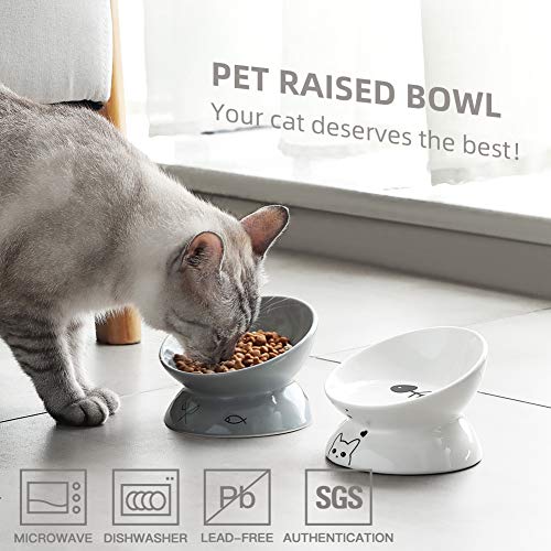 Sweejar Ceramic Raised Cat Bowls, Slanted Cat Dish Food or Water Bowls, Elevated Porcelain Pet Feeder Bowl Protect Cat's Spine, Stress Free, Backflow Prevention (Gray)