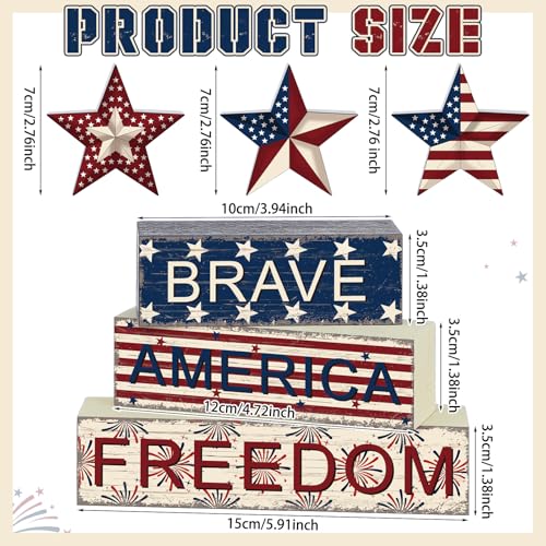 6 Pieces 4th of July Table Decorations Patriotic Wooden Block Signs Patriotic Centerpieces Freedom Brave Red White Blue Tiered Tray Decor for Home 250th Anniversary - style: Star