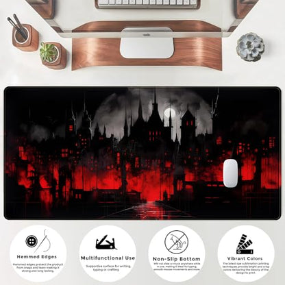 Black Castle Large Mouse Pad Red and Black Mousepad Gaming Playmat Game Mat, Big Full Keyboard and Mouse Pads Cool Desk Pad for Keyboard with Stitched Edges Anti-Slip Desk mat 31.5" X 15.7 " - color: Black and Red Castle