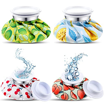 Honoson 4 Pack Reusable Ice Bags Hot Cold Bag Leakproof,Cartoon Fruit Style | Reusable Ice Pack, Ice Bags Hot Water Bag,Screw Cap No-Leak Elastic Breathable for Sports & Home Use,Wide Opening Easy Fill - style: Cartoon Fruit Style