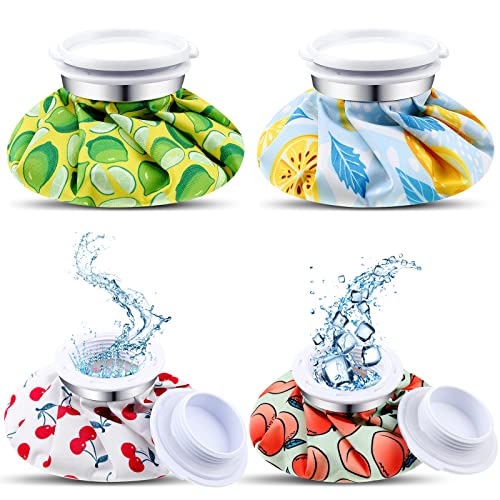 Honoson 4 Pack Reusable Ice Bags Hot Cold Bag Leakproof,Cartoon Fruit Style | Reusable Ice Pack, Ice Bags Hot Water Bag,Screw Cap No-Leak Elastic Breathable for Sports & Home Use,Wide Opening Easy Fill - style: Cartoon Fruit Style