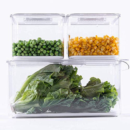 Fridge Produce Saver Food Storage Bin Containers, Stackable Refrigerator Freezer Organizer Fresh Keeper Container with Vented Lids, 3 Pack