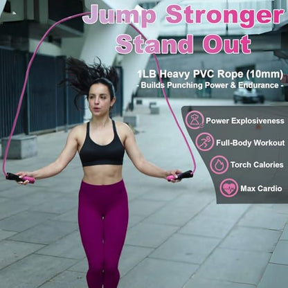Weighted Jump Rope, 1LB Tangle-Free Ball Bearing Rapid Speed Skipping Rope for Men Women, Adjustable 9mm Cotton & PVC Rope with Alum Handle for Boxing MMA Weight-Loss Athletic Workout Fitness - color: Gradient Pink & Pink