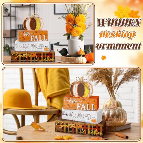 4 Pcs Thanksgiving Decorations Fall Wooden Sign Pumpkin Tiered Tray Decor Hello Fall Table Centerpiece Wood Blocks Table Top Sign for Home - style: Pumpkin