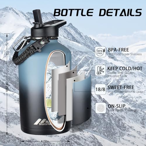 StarSpeed 64oz Insulated Water Bottle with Straws & 2 Lids,Indigo Black - color: Indigo Black, size: 64 Ounces
