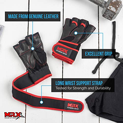 MRX Weight Lifting Pro Level Gloves with 18 Inches Long Wrist Strap Gym Workout Exercise & Fitness in - color: Black/Red-2615, size: Small
