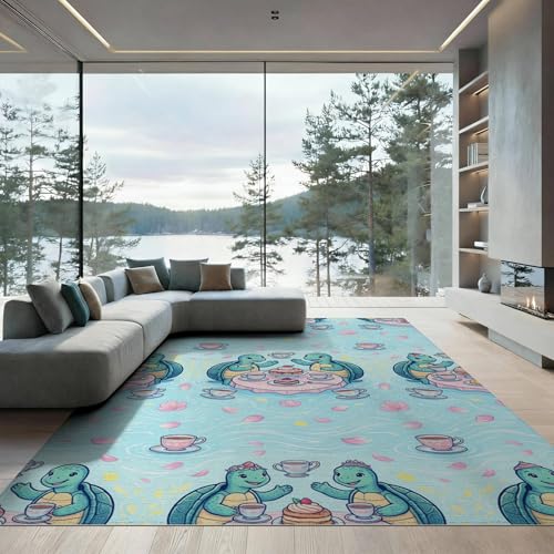 8'x10' Washable Kawaii Cherry Blossom Large Rug, Teal Non-Shedding Pet Friendly Carpet for King Size Bedroom, Master Suite, Under Bed, Foldable Easy Care Mat | Ref:1955471 - color: Blue/Pattern 1, size: 8' x 10' (Rectangular)