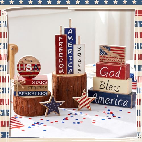 11 Pcs 4th of July Table Decorations Set Patriotic Tiered Tray Decor Set Blue Red White Table Centerpieces Sign for 4th of July Office Home Shelf 250th Anniversary - style: Patriotic
