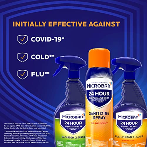MICROBAN Disinfectant Spray, 24 Hour Sanitizing and Antibacterial Sanitizing Spray, Citrus Scent, 2 Count (15oz Each) (Packaging May Vary)