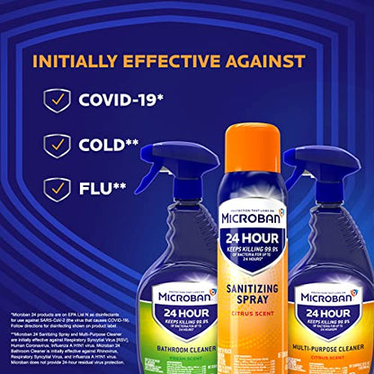 MICROBAN Disinfectant Spray, 24 Hour Sanitizing and Antibacterial Sanitizing Spray, Citrus Scent, 2 Count (15oz Each) (Packaging May Vary)