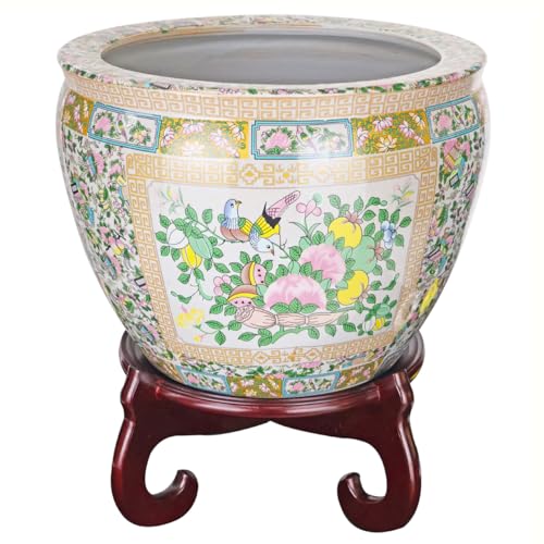 Large Porcelain Floral Rose Medallion Fishbowl Cachepot Planter