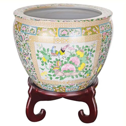 Large Porcelain Floral Rose Medallion Fishbowl Cachepot Planter