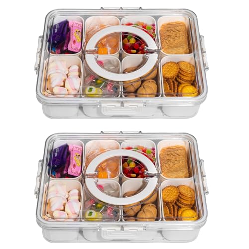 Divided Snack Serving Tray with Lid and Handle Travel Snackle Charcuterie Container Portable Storage Organizer for Candy, Fruits, Nuts, Snacks, Party, Picnic 2 Packs White