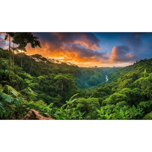 Sunset Mountain Valley Aquarium Background Tropical Jungle Rainforest Waterfall Fish Tank Background Lush Green Jungle Forest Trees Natural Landscape Reptile Tank Backgrounds Wallpaper 36x18in - size: 36(W)x18(H)inches/ 90(W)*45cm(H)
