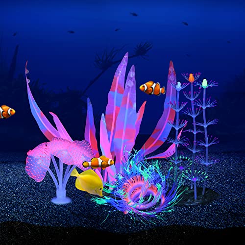 Glowing Fish Tank Decorations, 4 pcs Glow Aquarium Decor Set, Multicolor Underwater Themed Plants (Pink Coral, Green Anemone, Purple Feather Coral, Pink Kelp) - style: Coral+Anemone+Feather Coral+Kelp