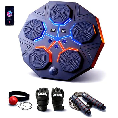 Music Boxing Machine for Adults, Bluetooth Wall Mounted Punching Machine, Interactive Boxing Trainer with LED Targets, Pro Boxing Gloves & Reflex Ball Headband, Home Gym Cardio Workout Training