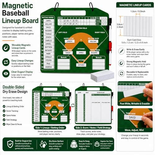XICHENGSHIDAI Magnetic Baseball Lineup Board, 30 Lineup Cards for Dugout