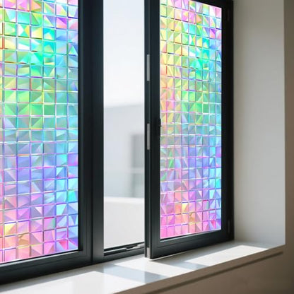 Window Privacy Film Iridescent Tint Stained Glass Window Film Decorative Static Cling Non Adhesive Removable Reusable Window Cling for Bathroom Shower Windows Anti Glare UV Blocking 17.7x39.4 Inch