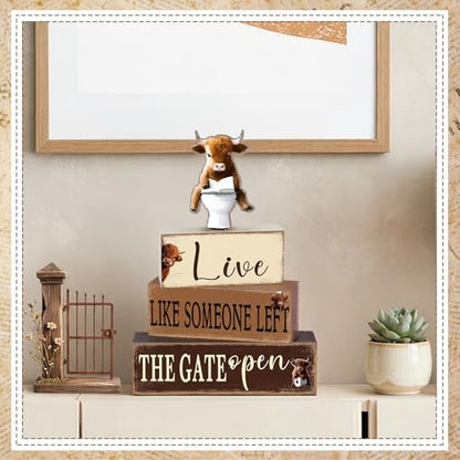 4 Pcs Highland Cow Bathroom Decorations Bathroom Wooden Table Centerpiece Blocks Highland Cow Tiered Tray Decor Live Like Someone Left The Gate Open Sign for Indoor Home Desk Room Shelf Decor - style: Highland Cow