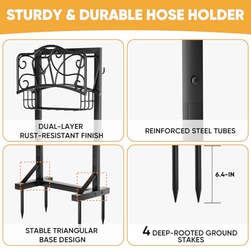 Heavy-Duty Garden Hose Holder with Storage Basket and Tool Hooks, Stable Hose Hanger Metal Garden Hose Storage Holds 160Ft, Rustproof Freestanding Water Hose Holder for Outside,Yard,Lawn,Farm - size: Holder+Basket 42.1in