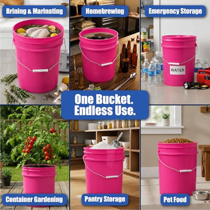 5 Gallon Bucket - Food Grade Bucket with Airtight Gasketed Tear Strip Lid, BPA-Free, Heavy-Duty 90 Mil HDPE Plastic Pail, Bulk Storage, Durable Container, Made in USA - Pink, 6 Packs - color: Pink, size: 6 Packs