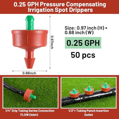 50 PCS 0.25 GPH Pressure Compensating Drip Irrigation Spot Watering Drippers/Emitters, Anti-Clog Self-Cleaning Drip Irrigation Emitters Heads Irrigation Drippers Parts for Seedlings, Mini Gardens - size: 0.25 GPH 50PCS