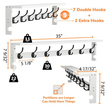 AMBIRD Coat Rack Wall Mount, 35 Inch Large Coat Hooks Wall Mounted with 7 Dual Metal Hooks and 2 Side Hooks, Wall Hooks with Shelf in Entryway, Kitchen, Living Room, Bathroom, Bedroom (White) - color: White, size: 7+2 Hooks 35" L