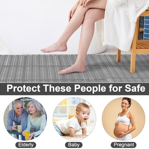 30 Pcs Anti-Slip Drainage Tiles Interlocking Shower Floor Mats 12" x 12" Soft TPE Bathroom Splicing Mats with Drain Holes for Pool, Deck, Garage & Pet Areas(Gray) - color: Grey